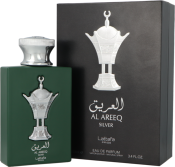 Lattafa Al Areeq Silver EDP, zielona butelka i czarne pudełko z wyróżniającym się srebrnym kadzielnicą.