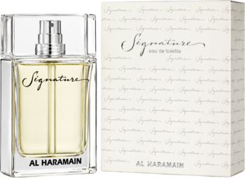 Haramain Signature Silver woda toaletowa, przezroczysta butelka z srebrnym korkiem obok beżowego pudełka, widok z przodu.