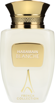 Al Haramain Blanche woda perfumowana, biała butelka ze złotą etykietą i nakrętką, widok z przodu.