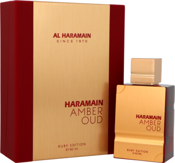 Al Haramain Amber Oud Ruby Edition, złoty flakon i pudełko z czerwonymi bokami, woda perfumowana uniseks, widok przód.
