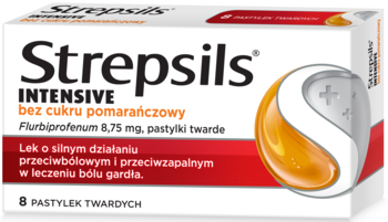 STREPSILS Intensive ,pastylki twarde do ssania, przeciwbólowe, przeciwzapalne, bez cukru, smak pomarańczowy,kompozycja-2