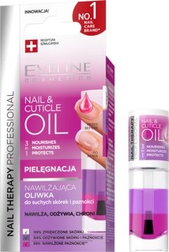 Eveline Nail Therapy Professional Nawilżająca Oliwka: białe pudełko i mała butelka z różowym płynem.