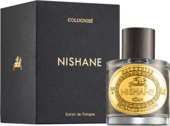Nishane Colognisé Extrait de Cologne w szklanej butelce ze złotym herbem obok czarnego pudełka na czarnym tle.