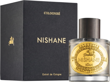 Nishane Colognisé Extrait de Cologne: butelka z złotą etykietą i czarne pudełko z logo, widok z przodu. Nuty cytrusowe.