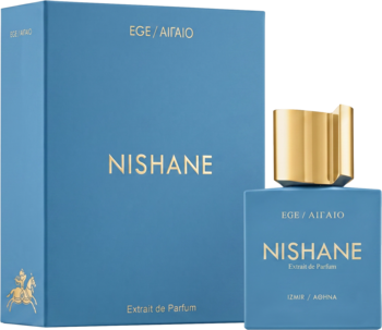 NISHANE EGE / ΑΙΓΑΙΟ Extrait de Parfum w niebieskiej butelce i pasującym pudełku, złote detale widoczne z przodu.