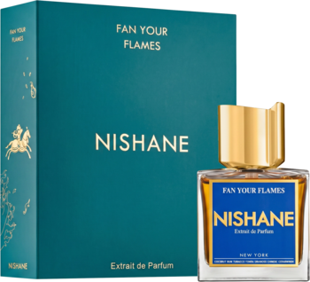 NISHANE FAN YOUR FLAMES Extrait de Parfum: złoty flakon z bursztynowym płynem, niebieską etykietą i turkusowe pudełko.