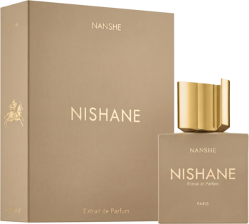 Zestaw Nishane Nanshe Extract de Parfum: beżowa butelka z rzeźbionym złotym korkiem, obok prostokątnego pudełka.