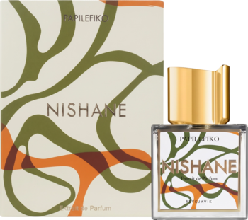 Nishane Papilefiko Extrait de Parfum: butelka i pudełko z abstrakcyjnym zielono-pomarańczowym wzorem, złota nakrętka. Nuty kardamonu.