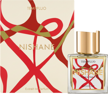 Perfumy Nishane Tèmafluo w szklanej butelce z złotym korkiem i pudełkiem z czerwono-złotym wzorem, widok z przodu.