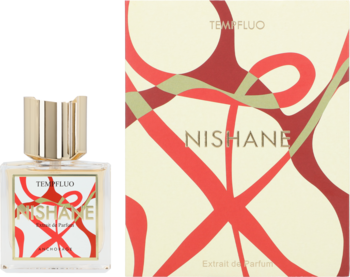 Nishane Tempfluo perfumy w szklanej butelce z złotym korkiem i beżowym pudełku z wzorem, widok z przodu.