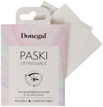 Opakowanie Donegal Paski Liftingujące na opadające powieki, biała etykieta z fioletem, obok widoczne przezroczyste paski.