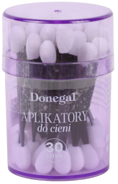 Donegal: 30 dwustronnych aplikatorów do cieni z miękkiej gąbki w fioletowym, przezroczystym pojemniku, widok z przodu.