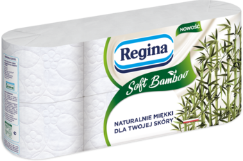 Białe opakowanie 3-warstwowego papieru toaletowego Regina Soft Bamboo, z grafiką bambusa, widok z przodu.