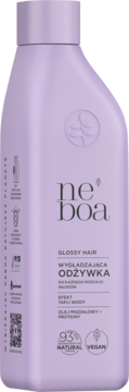 ne boa Glossy Hair wygładzająca odżywka do włosów, liliowa butelka, efekt tafli wody, widok z przodu.