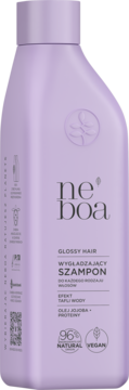Fioletowa butelka Neboa Glossy Hair wygładzającego szamponu z efektem tafli wody. Widok z przodu.