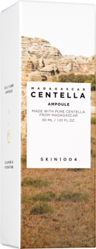 Angled view of SKIN1004 Madagascar Centella Ampoule 30ml box with mountain landscape and product details.