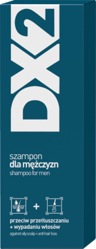 Szampon DX2 dla mężczyzn w ciemnoturkusowym pudełku, z przodu: duże logo DX2, przeciw przetłuszczaniu i wypadaniu.