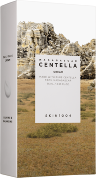 Białe pudełko kremu Skin1004 Madagascar Centella Cream 75ml z nadrukiem górskiego pejzażu, widok przód/bok.