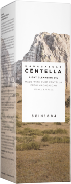 SKIN1004 Madagascar Centella Light Cleansing Oil, białe pudełko z grafiką gór i pól, widok przód/bok.