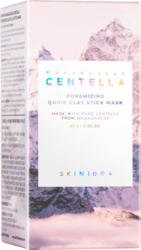 Różowo-fioletowe pudełko SKIN1004 Centella Quick Clay Stick Mask, z górskim krajobrazem i tęczowym logo, widok z przodu.