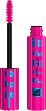 Maybelline New York Lash Sensational Firework tusz, różowa tubka z niebieskimi wzorami, otwarta ze szczoteczką obok.