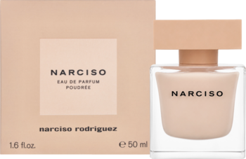Narciso Poudree woda perfumowana Narciso Rodriguez, 50ml. Pudrowe beżowe pudełko i flakon z korkiem, widok z przodu.