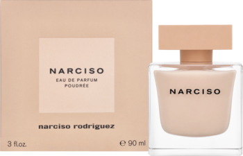 Narciso Poudree woda perfumowana w beżowym, matowym flakonie i pudełku, widok z przodu na ciemnym tle.