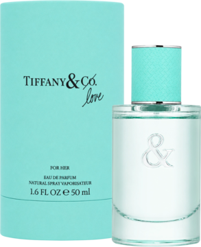 Tiffany Love For Her 50 ml, flakon z logo '&' i turkusowa zakrętka, obok pasujące niebieskie opakowanie.