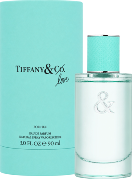 Tiffany & Co. Love For Her 90ml EDP. Tiffany blue box, clear bottle with silver cap and embossed '&' symbol.