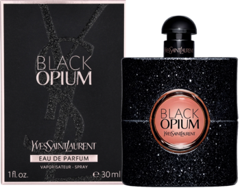 Black Opium YSL EDP 30ml: czarna brokatowa butelka perfum i pudełko z różowym detalem, widok z przodu.