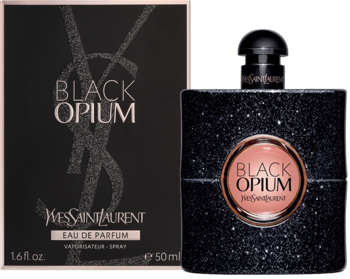 Yves Saint Laurent Black Opium EDP: czarne, brokatowe pudełko i flakon z różowo-złotą etykietą, widok z przodu.