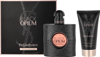 Zestaw YSL Black Opium: brokatowa woda perfumowana 50ml i mleczko do ciała 50ml, obok czarnego pudełka.