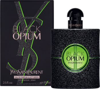 YSL Black Opium Illicit Green EDP: brokatowa butelka z zielonym okręgiem i czarne pudełko z zielonym logo.
