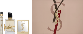 Zestaw YSL Libre: perfumy, podróżny spray i lusterko w złotym opakowaniu, na tle z logo YSL.