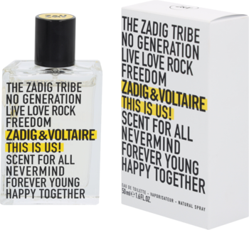 Zadig & Voltaire This is Us! woda toaletowa unisex, butelka i pudełko z hasłami i żółtymi detalami.