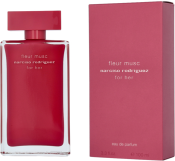 Narciso Rodriguez Fleur Musc For Her, czerwona woda perfumowana 100ml w butelce i pudełku, widok z przodu.