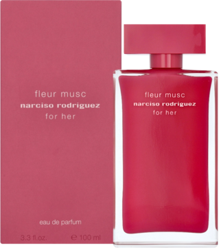 Czerwona butelka perfum Fleur Musc Narciso Rodriguez 100ml z kwadratowym korkiem i dopasowane pudełko, widok z przodu.
