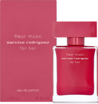 Fuksjowa woda perfumowana Narciso Rodriguez Fleur Musc for Her, butelka obok pudełka, widok z przodu.