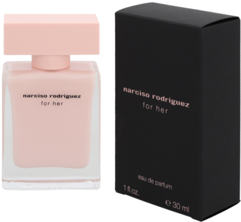 Elegancka różowa butelka Narciso Rodriguez For Her woda perfumowana obok czarnego pudełka, widok z przodu.