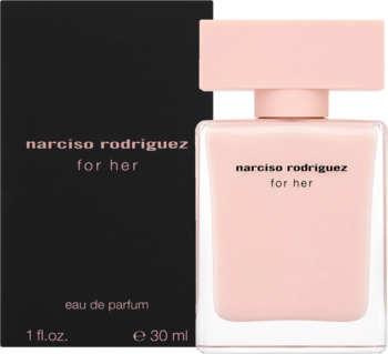 Flakon Narciso Rodriguez For Her EDP 30 ml w pastelowym różu, z czarnym pudełkiem, widok z przodu.