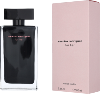Narciso Rodriguez For Her EDT: minimalistyczny czarny flakon obok jasnoróżowego pudełka, widok z przodu.