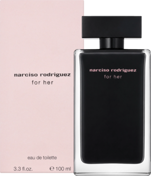 Perfumy Narciso Rodriguez For Her EDT 100ml: różowe pudełko i czarna, minimalistyczna butelka, widok frontalny.