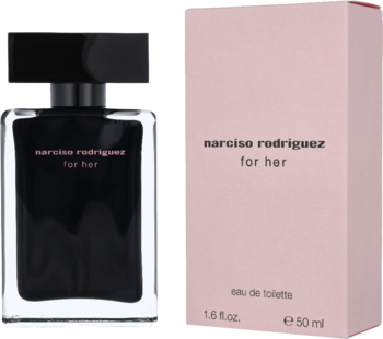 Narciso Rodriguez For Her EDT, czarny flakon i jasnoróżowe pudełko obok siebie, widok z przodu.