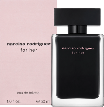 Narciso Rodriguez For Her 50ml, czarny, kwadratowy flakon eau de toilette z różowym napisem i różowe pudełko, widok z przodu.