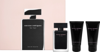 Zestaw Narciso Rodriguez All Of Me: czarna woda toaletowa, mały flakon i dwa czarne tubki kosmetyków na różowym tle.