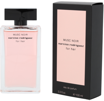 Narciso Rodriguez Musc Noir For Her woda perfumowana, przezroczysta butelka z różowym płynem i czarne opakowanie.