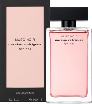 Narciso Rodriguez For Her Musc Noir woda perfumowana 100ml, różowy flakon z czarną nakrętką i czarne opakowanie.