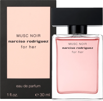 Narciso Rodriguez Musc Noir For Her EDP, różowy płyn w szklanej butelce obok czarnego pudełka, widok z przodu.