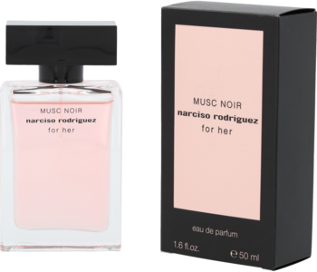 Perfumy Narciso Rodriguez Musc Noir For Her: przezroczysta butelka z różowym płynem i czarne pudełko.