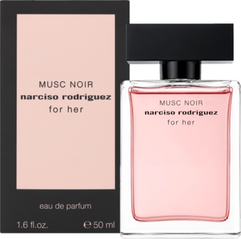Narciso Rodriguez Musc Noir For Her EDP 50 ml. Przezroczysty flakon z różowym płynem obok czarnego pudełka.